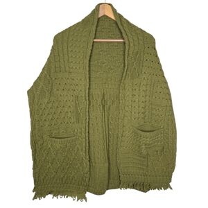 Connemara Knitwear Vintage Green Merino Wool Crochet Boho Pocket Shawl One Size